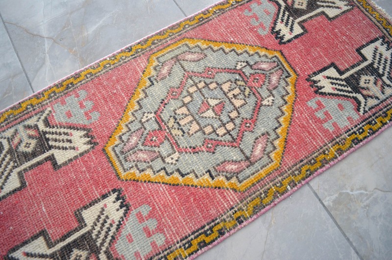Vintage Distressed Small Area Rug Hand Knotted Oushak Rugs Yastik - 1'7" x 3'7" gallery