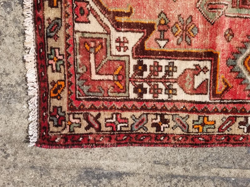 Distressed Vintage Traditional Handmade Heriz Karajeh Wool Multicolor Runner Rug gallery