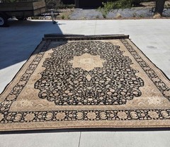 9′.2″ X 12′.5″ Black Beige Wool & Silk Floral Oriental Rug Hand Knotted