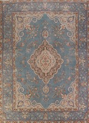 Light Blue Living Room Rug 8×11 Over-dyed Handmade Medallion Classic Wool Carpet