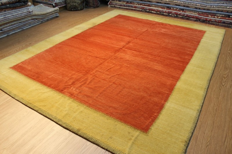 9' X 12' HANDMADE WOOL RUG, Tibetan Modern yellow, gold, orange colors Pm75 gallery