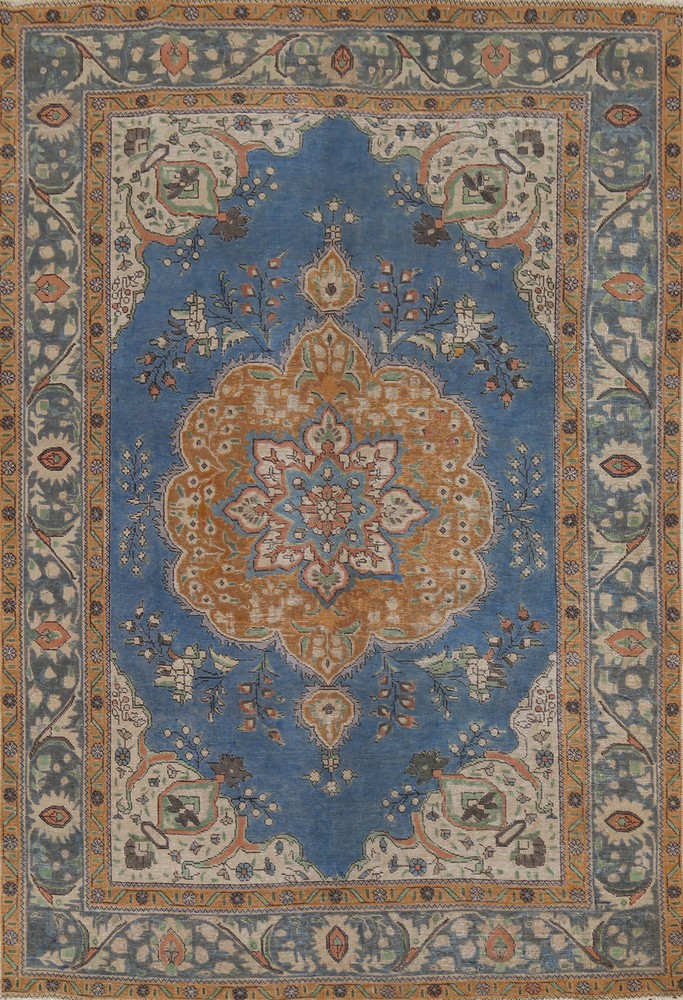 Blue Vintage Overdyed Tebriz Area Rug 6x9 Hand-knotted Wool Living Room Carpet