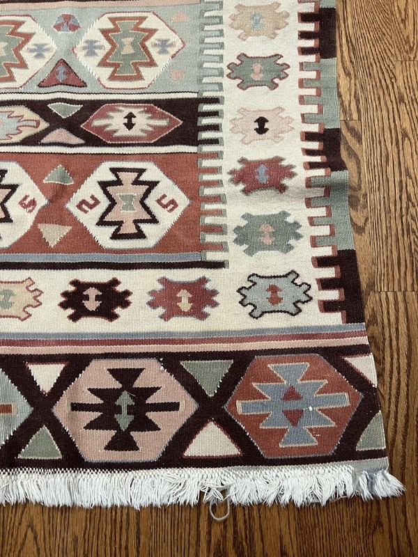 VTG 1970’s TURKISH KILIM TAPESTRY TEXTILE WALL HANGING RUNNER RUG WOOL 59" X 32" gallery