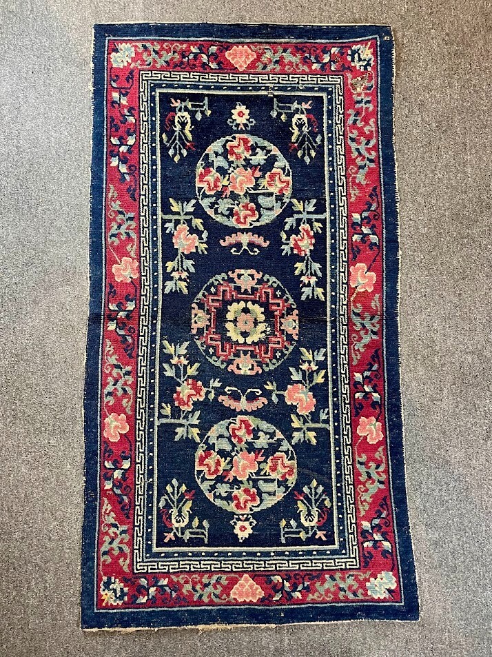 Collectible Rare Antique Tibetan Rug with Metole Design All Vegetable Dyed Wool gallery