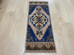Narrow Turkish Small Rug 1.3 x 3.2 ft Vintage Wool Hallway Boho Carpet