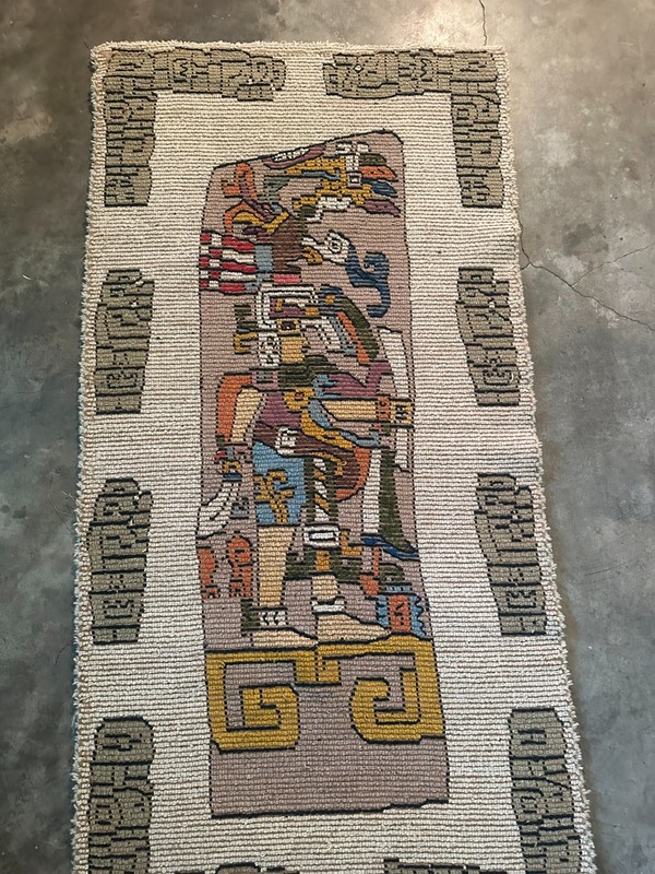 4' X 7' Vintage Mexican Zapotec hand-woven shag rug ,Aztec/Mesoamerican figure gallery