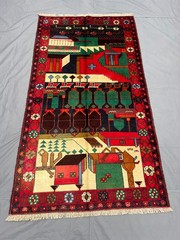 3’4×6’3 ft Tribal Pictorial Village Scene Landscape Handknotted Wool Vintage Rug