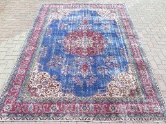 Vintage Oushak Carpet, Distressed Floor Rug Handmade Large Blue Teppich 91″X122″