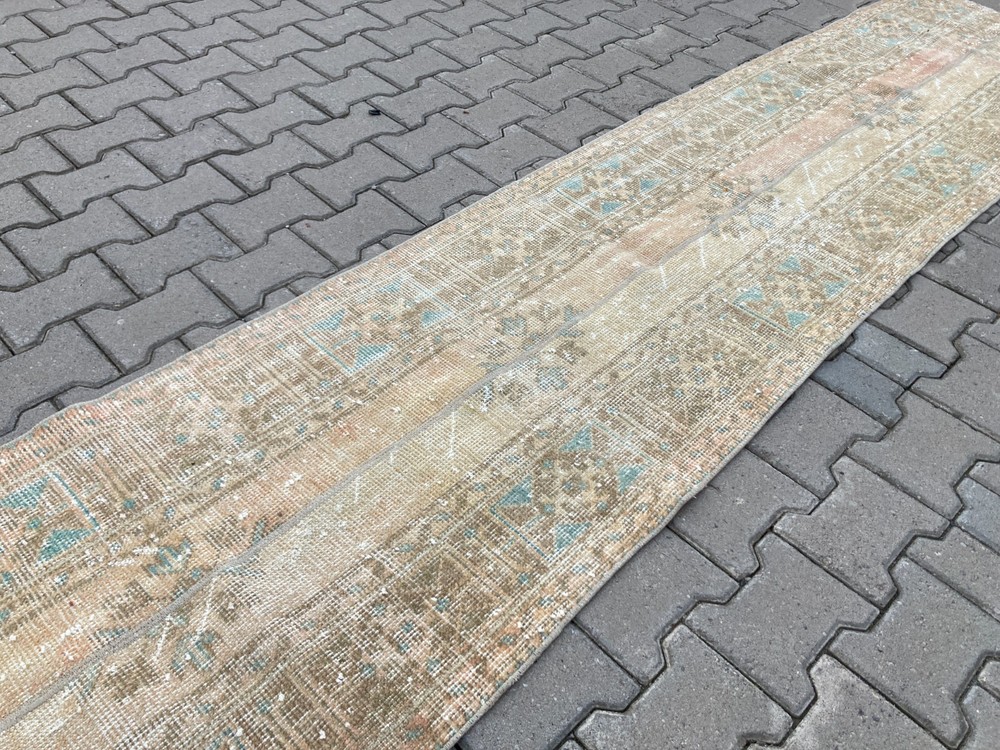 Vintage Turkish Runner rug, Patchwork Brown Handmade Hallway rug, 2.3 x 11.8 ft