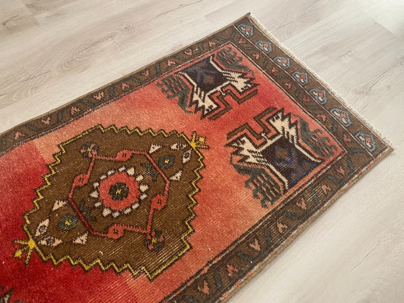 Vintage Turkish Tribal Runner Rug Handmade Coral Wool Hall Carpet 1.7x3.5 Ft gallery