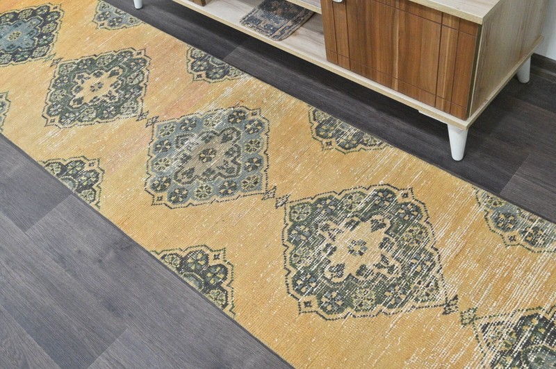 Vintage Turkish Runner Rug 2x10ft YELLOW Handmade Anatolian Oushak Hallway Wool gallery
