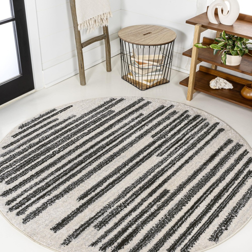 Mid Century Tribal Cream And Black Round Rug 5Ft Synthetic Low Pile 39In