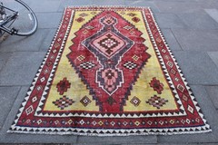 Vintage Worn Hand Made Traditional Oriental Wool Red Yellow Rug 256x152cm