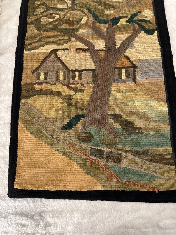 Vintage Hand Hooked Wool Tapestry Farmhouse Landscaped Tree Cottage, gallery