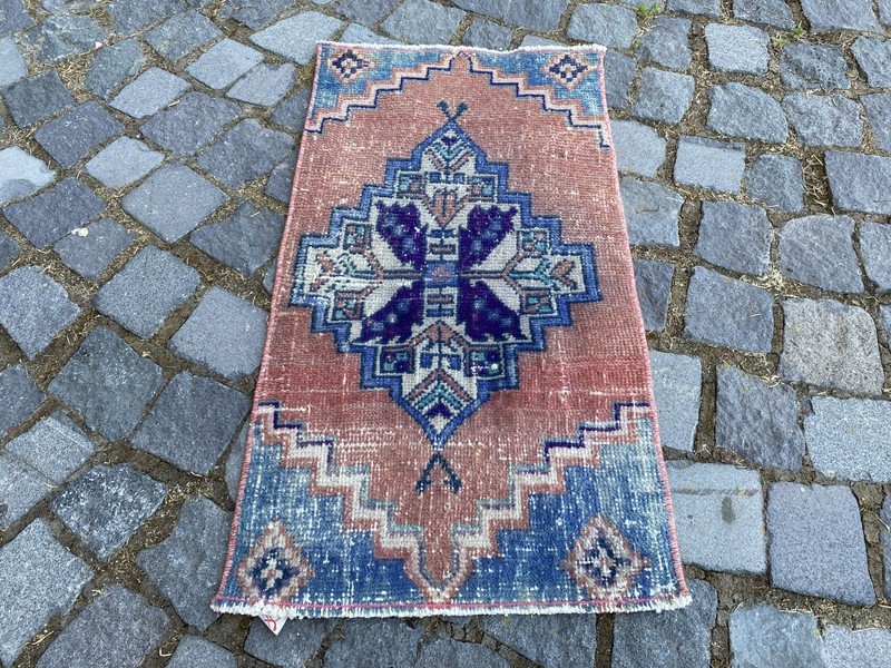 Vintage Oushak Rug, Hand-Knotted Wool, Salmon Blue Muted Boho Accent Rug gallery