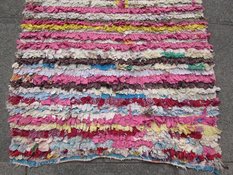 Vintage Hand Made Moroccan Boucherouite Cotton Fabric Pink Rug Runner 184x75cm gallery