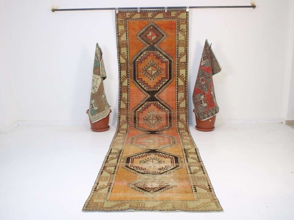 Vintage Turkish Runner 4x13 ft | Handmade Extra Long Orange Black Rug | 109x396