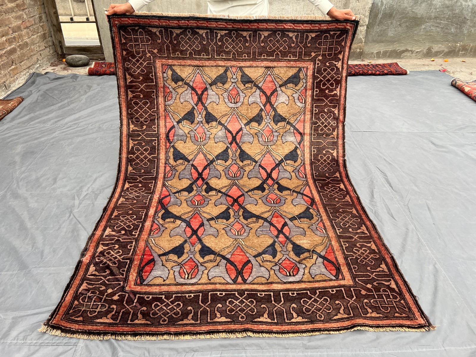 4'6 x 6'5 ft Antique Afghan Hand-Knotted Tribal Wool Rare Faded Geometric Rug gallery