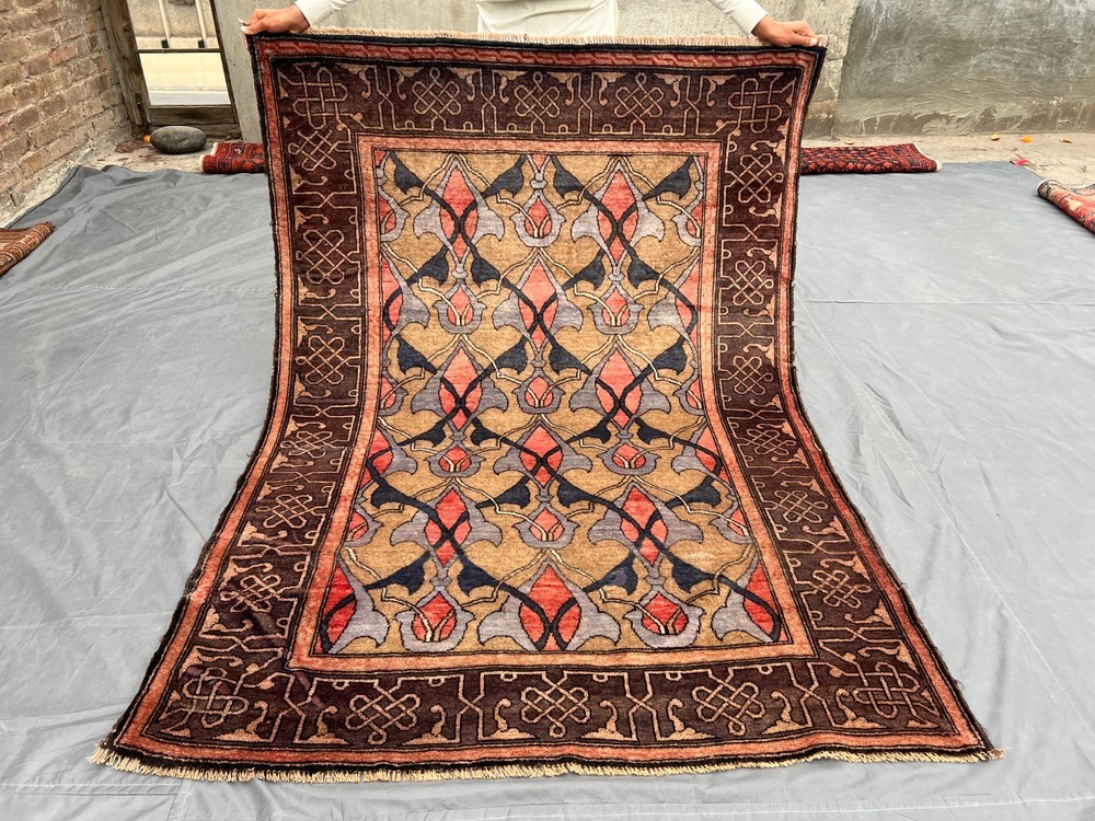 4'6 x 6'5 ft Antique Afghan Hand-Knotted Tribal Wool Rare Faded Geometric Rug