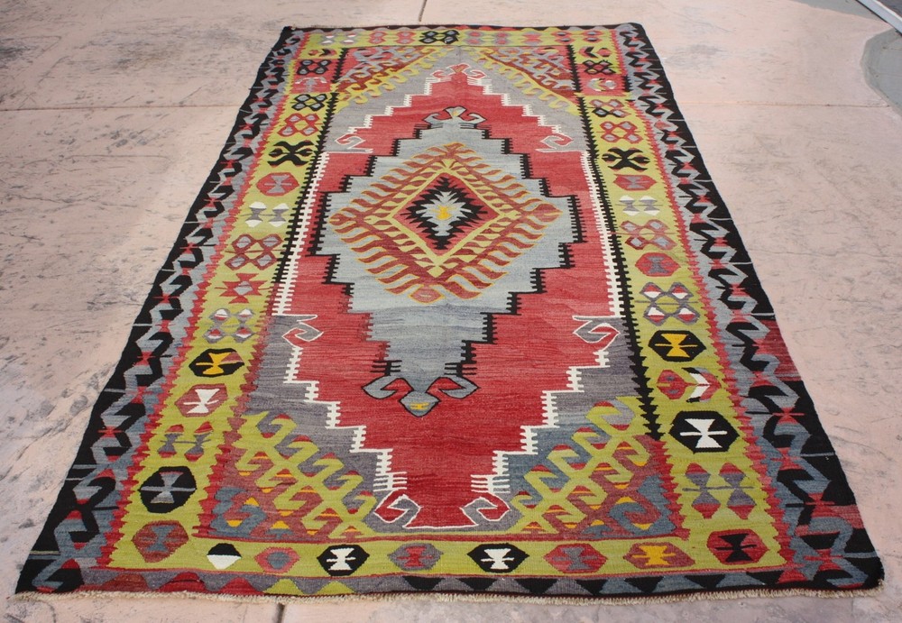 TURKISH KILIM RUG 5x9 GEOMETRIC KILIM AREA RUG WOOL 62"x 115", 157cm x 292cm