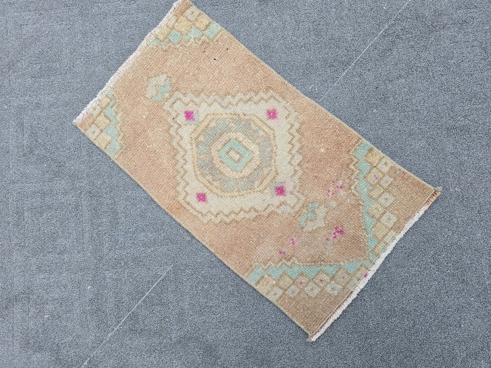 Small Vintage Turkish Oushak Rug 1.2x2.1 Hand Knotted Wool Peach Pink Green