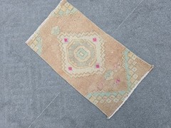 Small Vintage Turkish Oushak Rug 1.2×2.1 Hand Knotted Wool Peach Pink Green