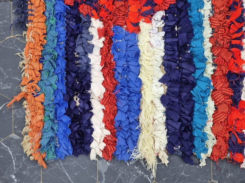 Moroccan Handmade Vintage Boucherouite 3'3"x8'7" Geometric Blue Cotton Area Rug gallery