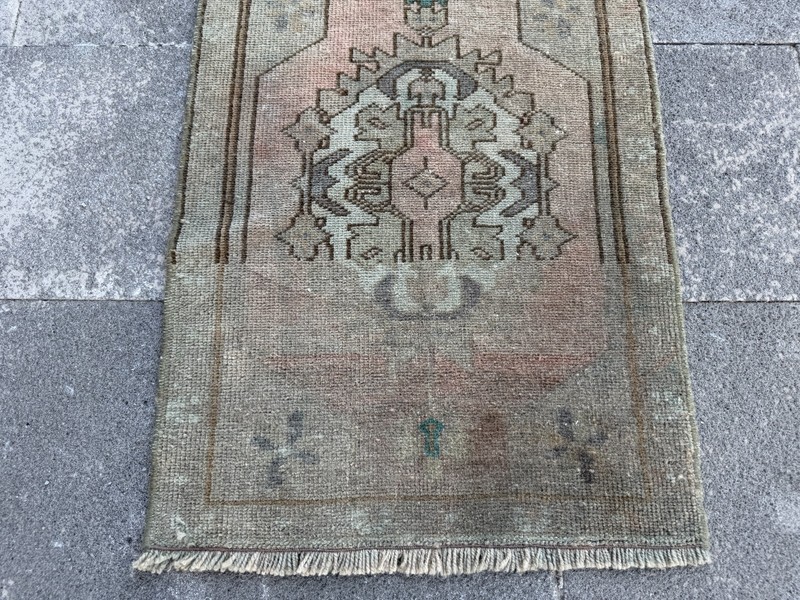 One of a Kind Turkish Rug 1.6x3.9 Ft Handmade Wool Vintage Green Accent Rug gallery