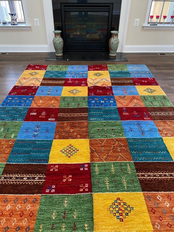 Handmade Nepalese Tibetan Area Rug, Quiltlike Checkerboard, Bright Colors 7'x9' gallery
