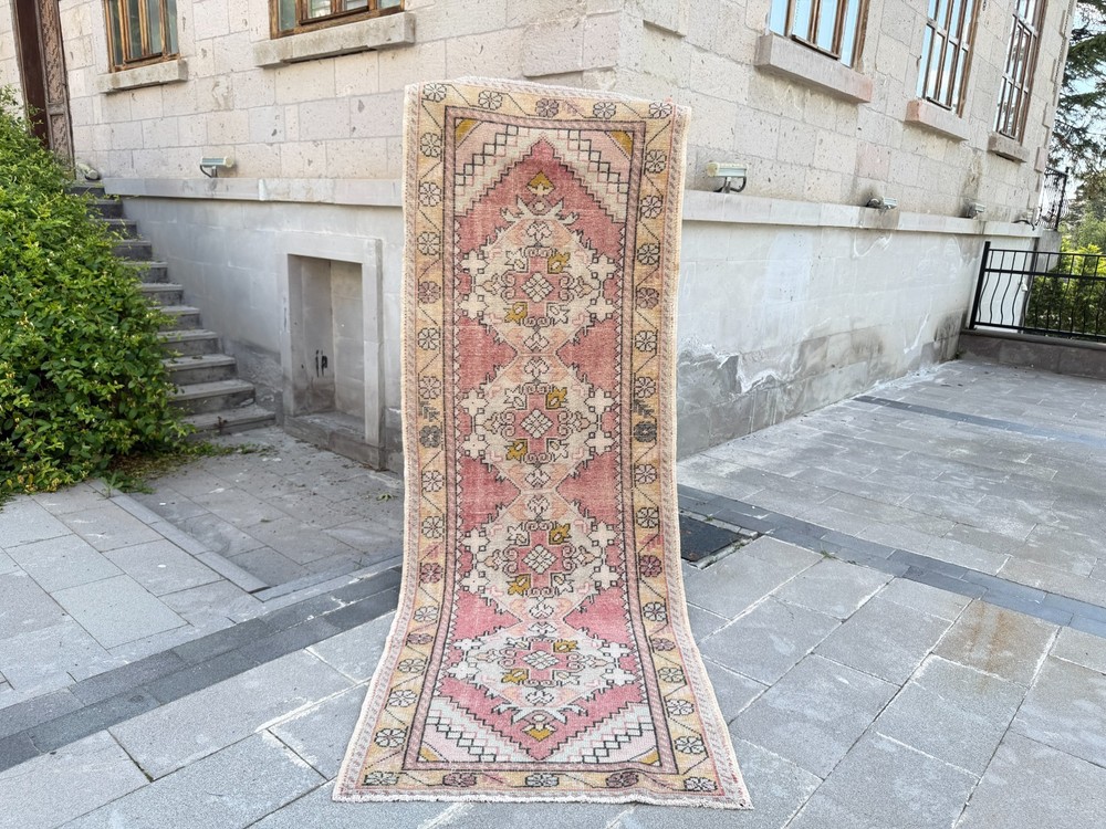 Vintage Turkish Oushak Runner Rug 3.5x9.8 Ft Pink Hall Carpet