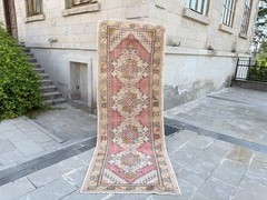Vintage Turkish Oushak Runner Rug 3.5×9.8 Ft Pink Hall Carpet