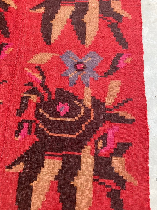 Vintage Handmade Turkish Floral Folk Art Traditional Wool Kilim Rug 317x113 cm gallery