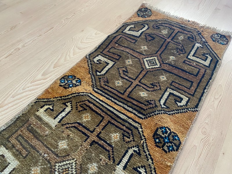 Vintage Anatolian Small Rug 1.2x2.9 ft Handwoven Wool Tribal Carpet gallery