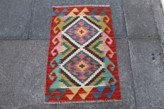 Kilim Vintage Traditional Hand Made Oriental Red Green Wool Small Kilim 87x59cm