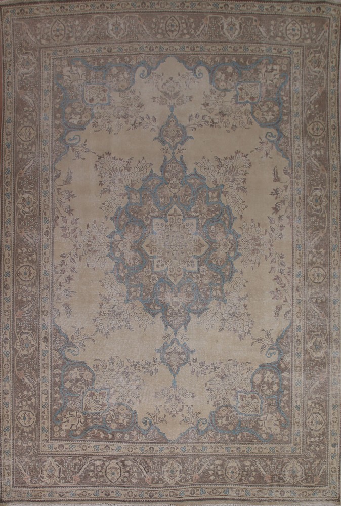 Distressed Handmade Rug 10x12 Ft Living Room Area Rug Floral Beige Wool Carpet