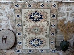 Hand-Knotted Bedroom Vintage Carpet 6×8 Blue Medium Wool and Wool Anatolian Rug