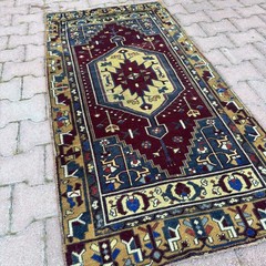 Burgundy Mustard 3×5 Vintage Anatolian Turkish Oushak Wool Rug-Tariff Free