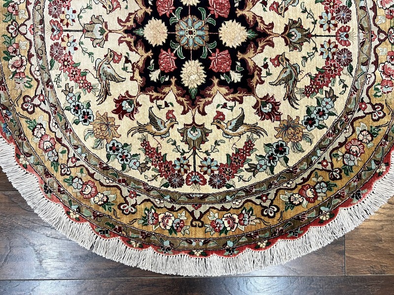Silk Round Rug 3x3 Very Fine Handmade Carpet 380 KPSI Cream Gold Bird Pictorials gallery