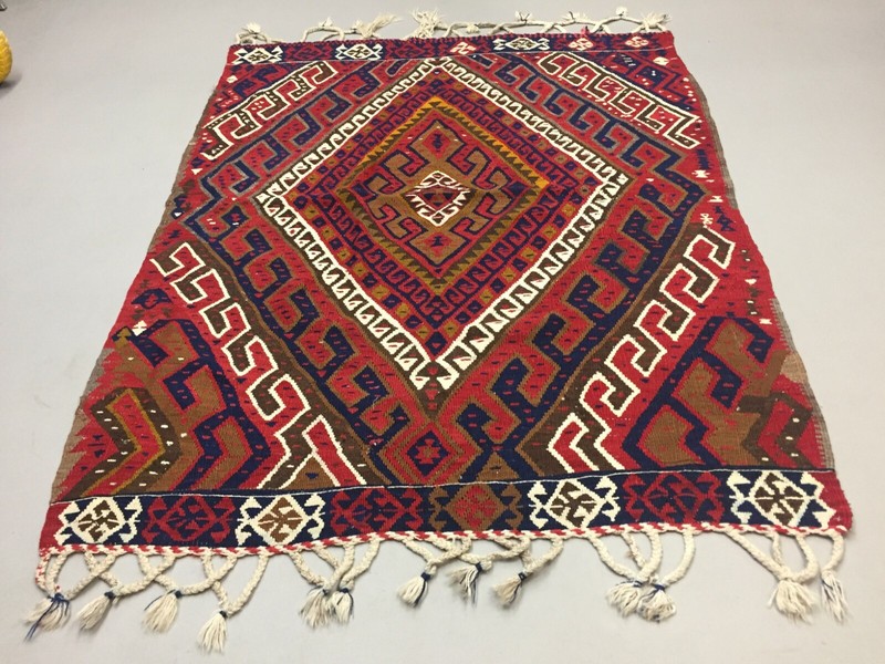Vintage Turkish Kilim 190x145 cm Tribal Kelim Rug, Black, Red, Beige, Medium gallery