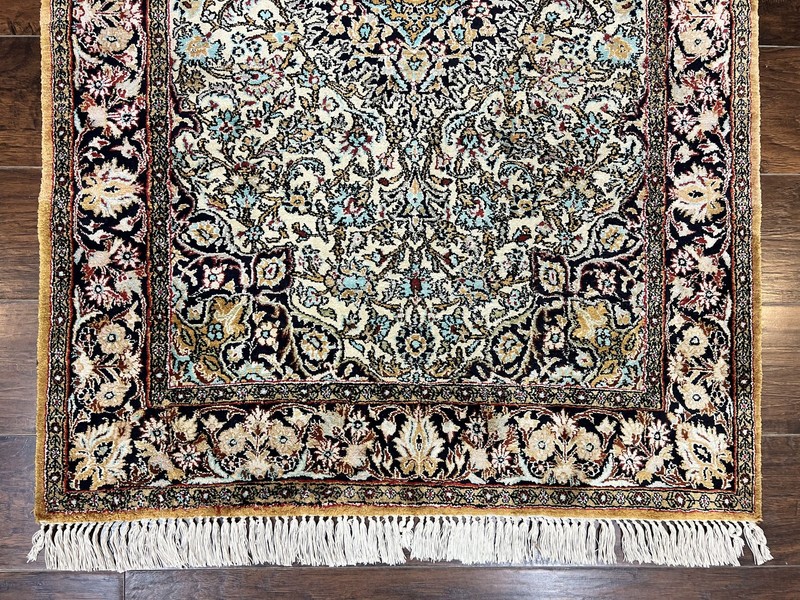 Silk Oriental Rug 4x5 Handmade Vintage Carpet Cream Navy Blue Very Fine 360 KPSI gallery