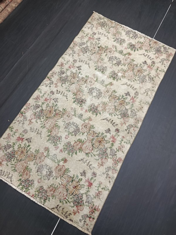 Beige Turkish Vintage Floral Carpet, 3x5.8ft, Antique Handmade Oriental Rug, gallery