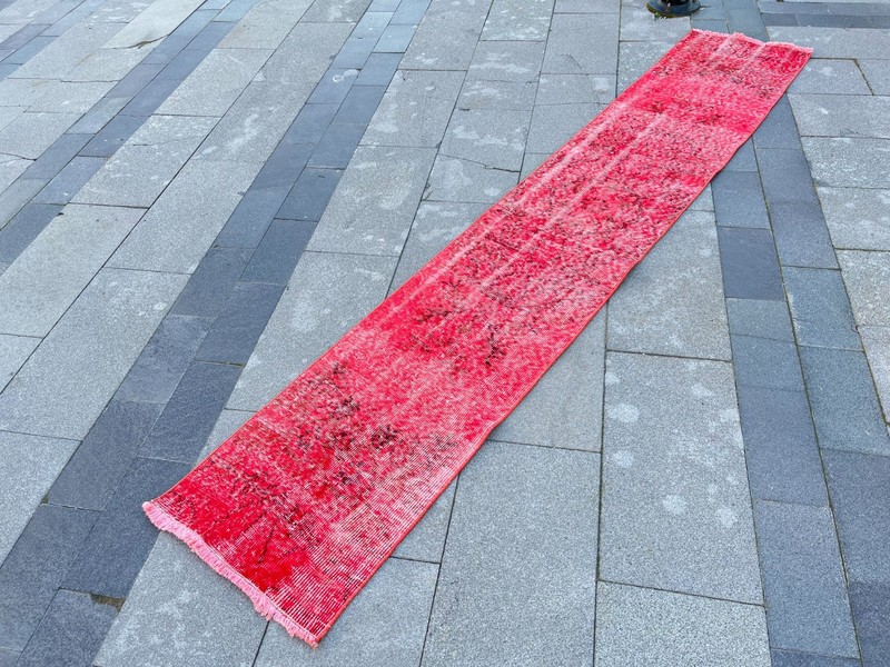 Vintage Turkish Oushak Runner Rug 1.6x9.1 ft Red Distressed Hand Knotted Wool gallery