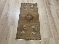 Vintage Turkish Hand Knotted Wool Small Rug 1.6×3.3 Ft Brown Oushak Rug