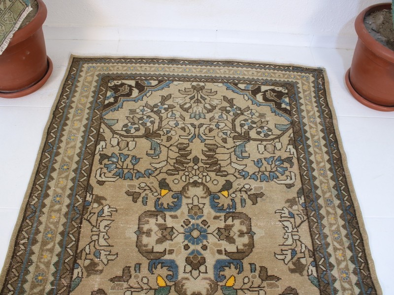 Vintage Turkish Wool Area Rug 4x6 ft | Handmade Wool Beige Blue Rug | 4x6 Ft gallery