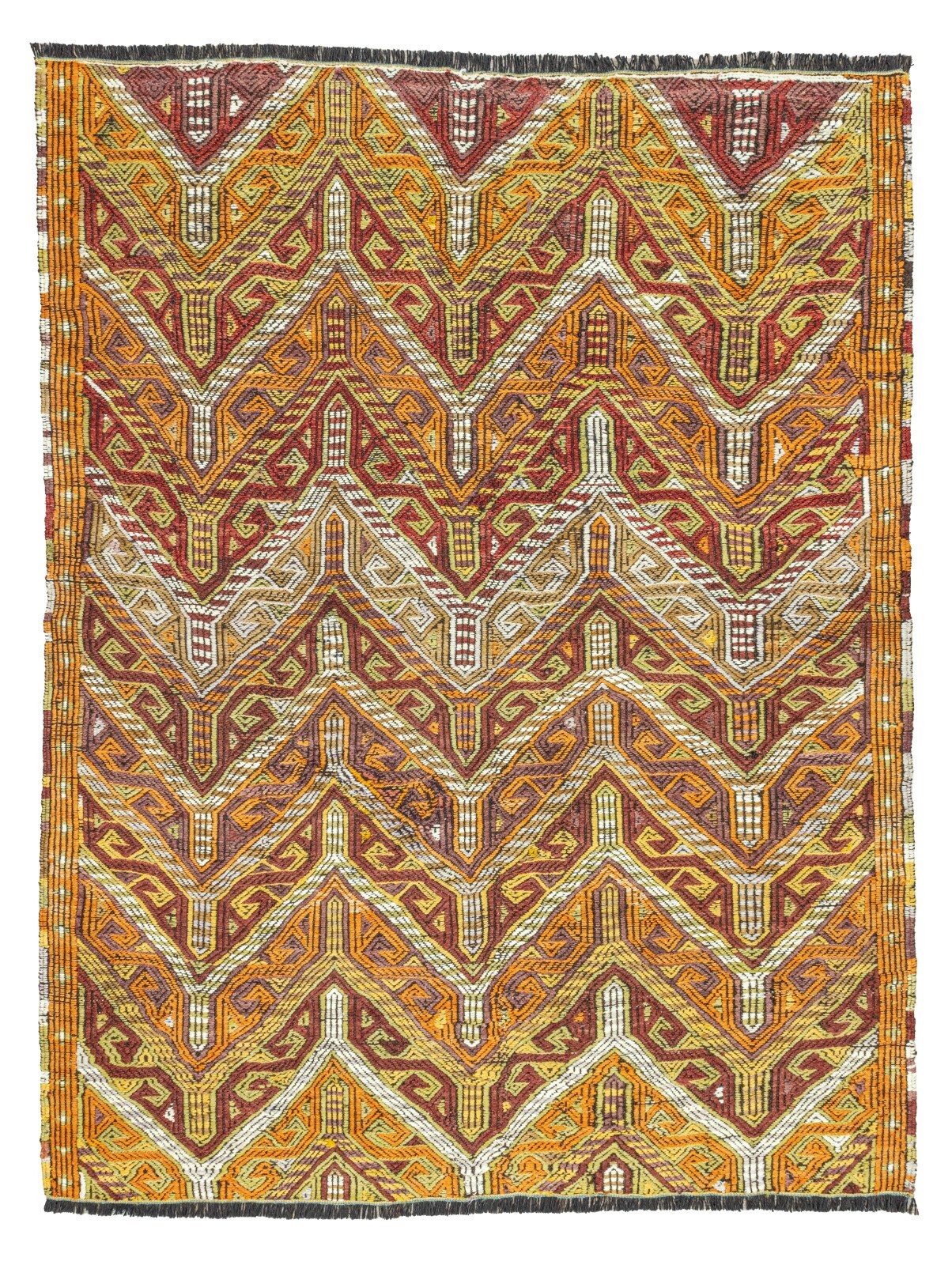 Hand-Embroidered Vintage Kilim Rug 4.4x5.6 ft Turkish Rug in Orange Red Green gallery