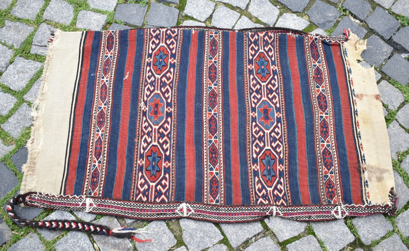 Antique Turkish Chuval Rug 25'' x 43'' Collector's Item Soumak Chuval Bag Rug gallery