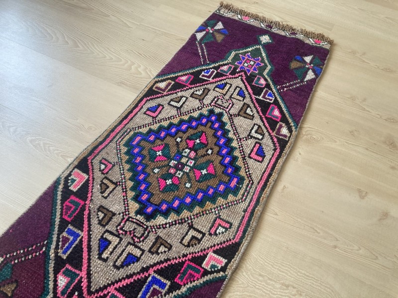 Purple rug, Turkish rug, Vintage Rug, Small rug, Wool rug, Doormat, 1.3 x 3.7 ft gallery