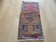 Vintage Turkish Small Tribal Rug 1.6 x 3.4 ft Orange Diamond Motif Carpet