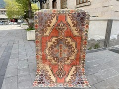 Vintage Turkish Oushak Rug 4.1×6.6 ft Burnt Orange Blue Wool Carpet