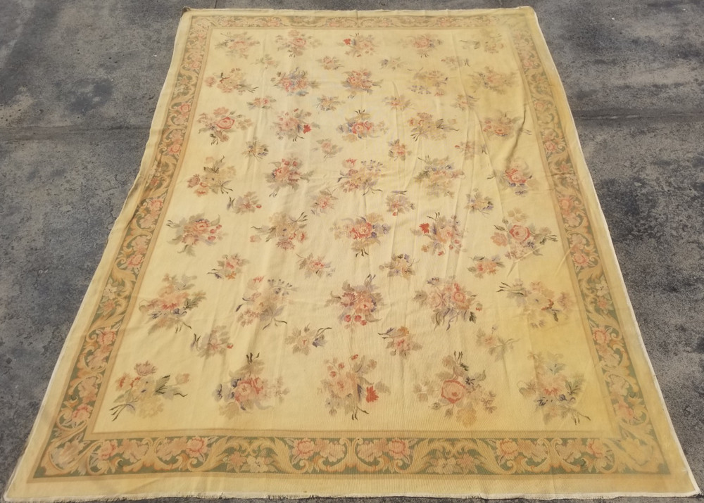 Vintage French Floral Needlepoint Handmade Multicolor Rug Wool Carpet 345x260 cm